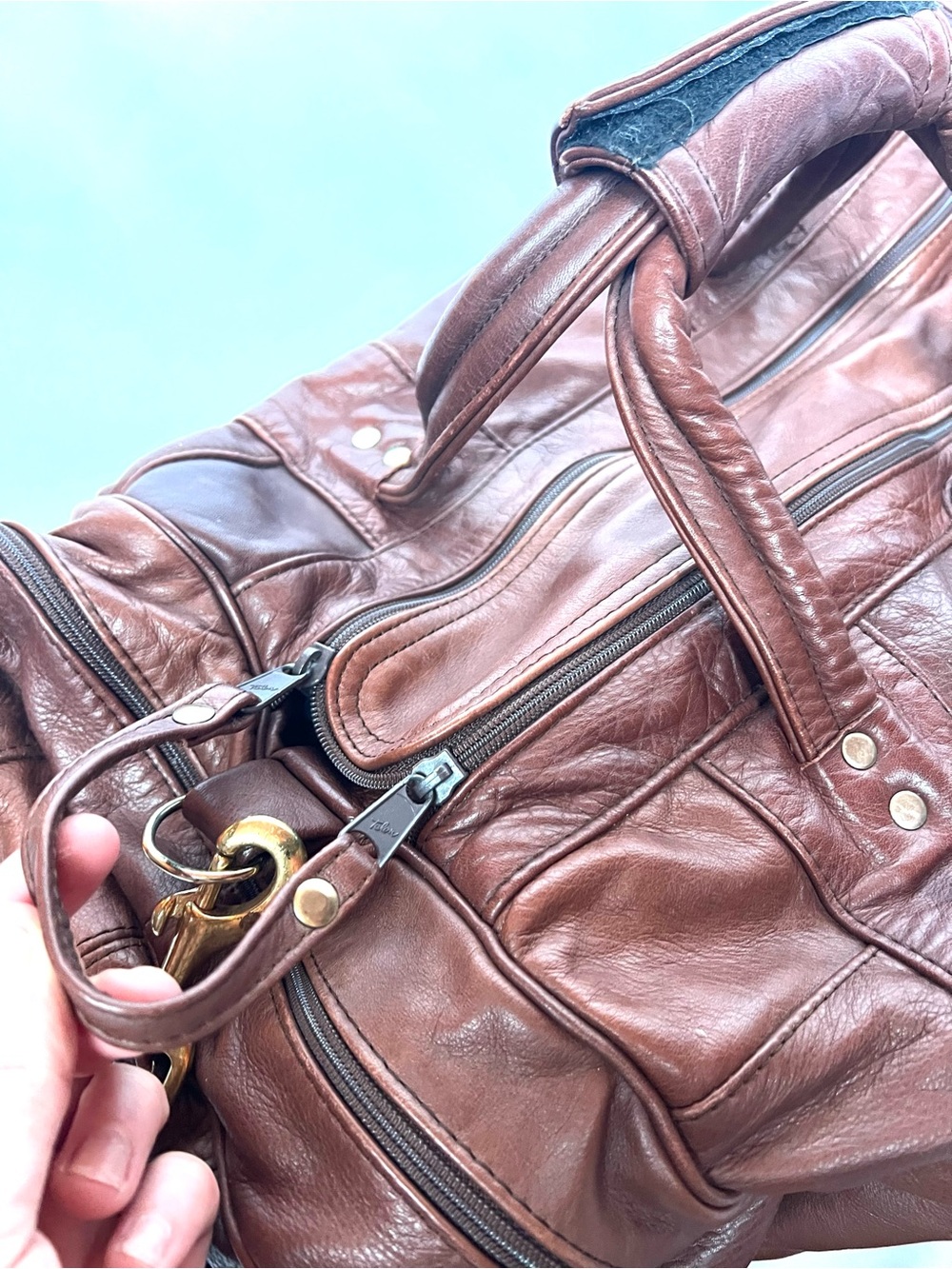 Vintage Carroll Leather Patchwork Duffle Bag Brown Top Grain Leather Weekender - Picture 2 of 13